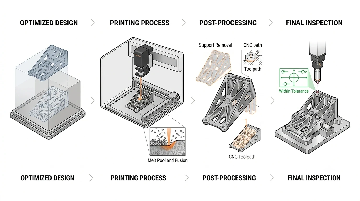 Four-stage metal additive manufacturing workflow: optimised design, the printing process with a melt pool and fusion inset, post-processing with support removal and CNC toolpaths, and final inspection with a probe checking the part is within tolerance