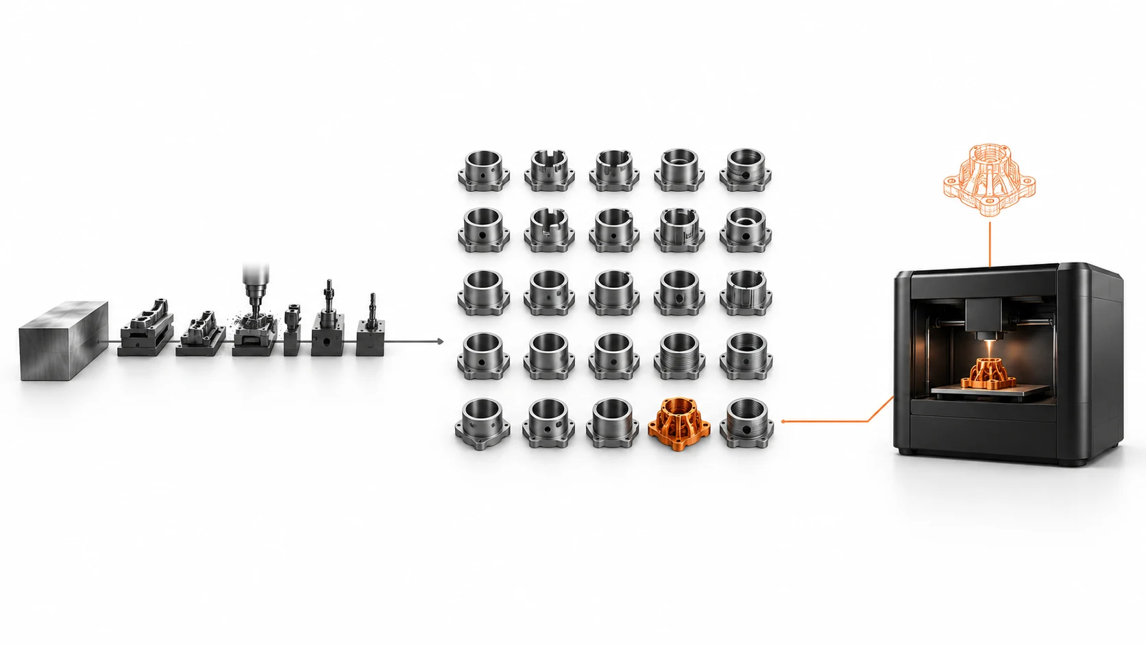 Machining steps producing a batch of standard metal parts beside a compact metal 3D printer building one customised variant
