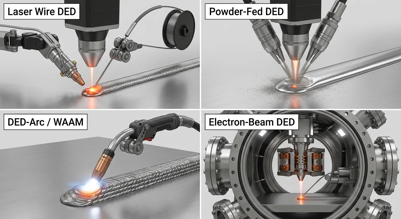 Four directed energy deposition variants: laser wire DED with a wire spool, powder-fed DED with blown powder nozzles, DED-arc or WAAM with an arc torch, and electron-beam DED inside a vacuum chamber