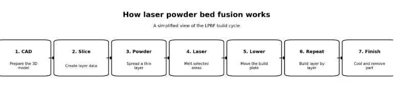 Seven-step diagram of the LPBF build cycle: prepare the CAD model, slice into layer data, spread a thin powder layer, melt selected areas with the laser, lower the build plate, repeat layer by layer, then cool and remove the part