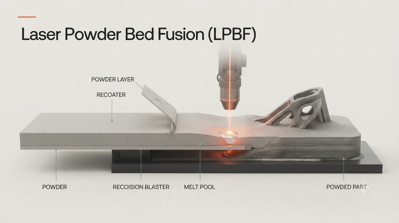 Cutaway diagram of laser powder bed fusion showing the recoater spreading a powder layer, the laser forming a melt pool and the layered metal part on the build plate