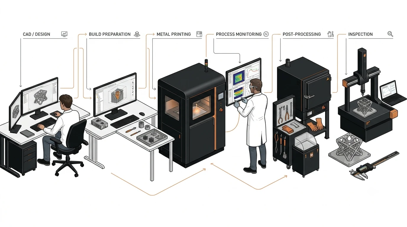Six-stage engineering workflow diagram showing CAD and design, build preparation, metal printing, process monitoring, post-processing and inspection