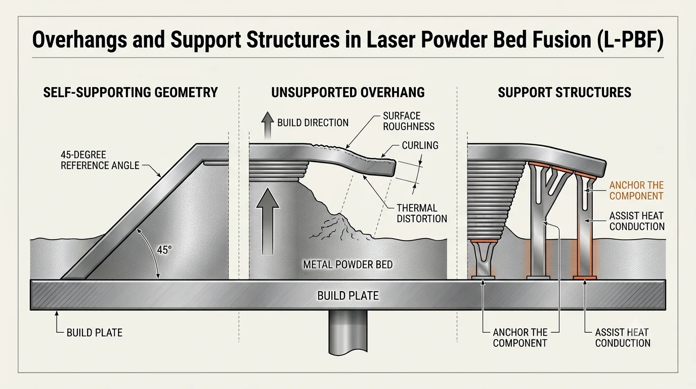 Three L-PBF cases compared: a self-supporting geometry at a 45-degree reference angle, an unsupported overhang showing surface roughness, curling and thermal distortion, and the same overhang carried on support structures that anchor the component and assist heat conduction
