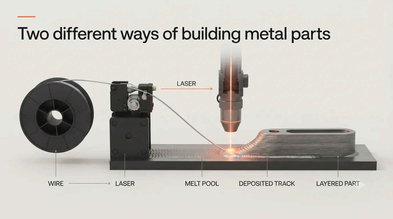 Diagram of laser-based wire-fed directed energy deposition showing the wire spool, wire feeder, laser head, melt pool, deposited track and finished layered part