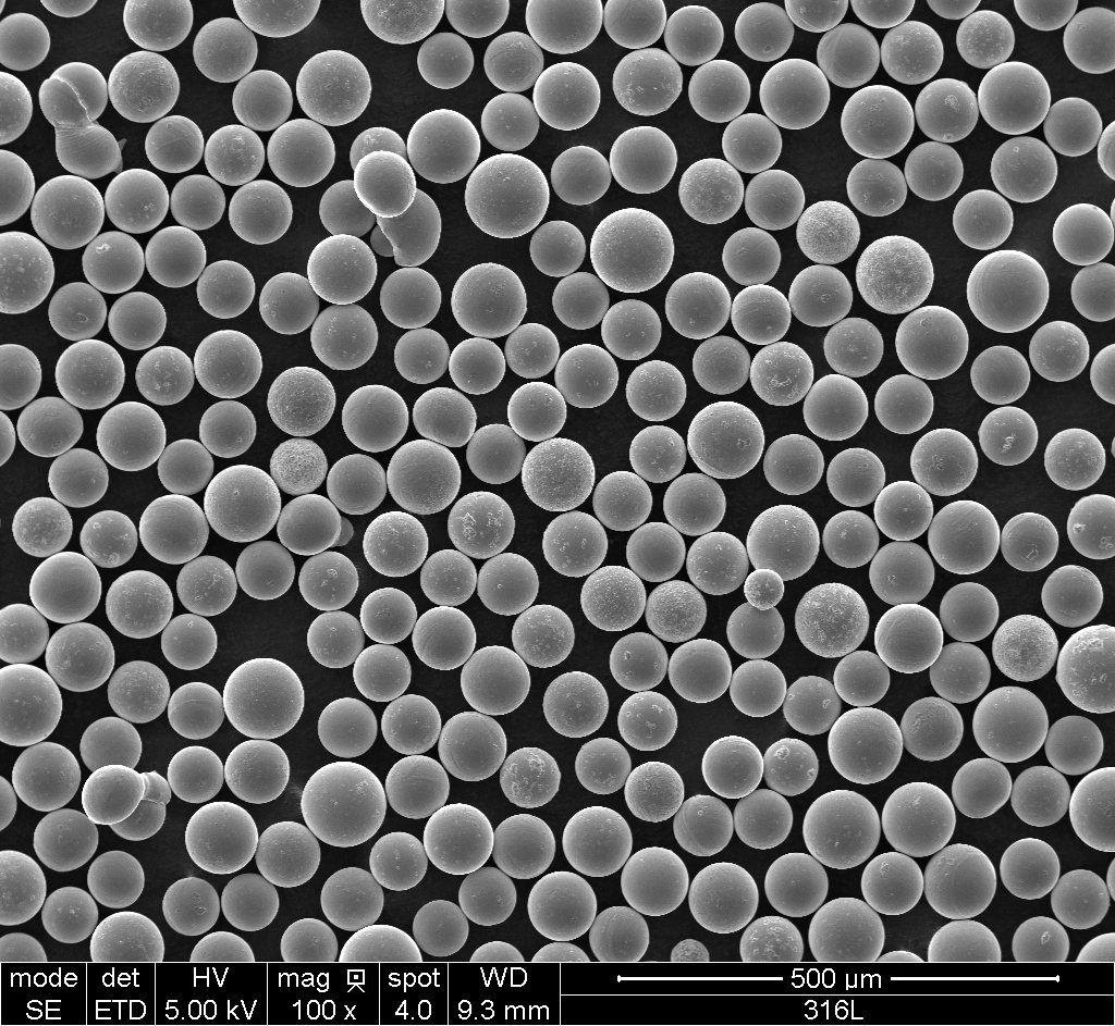Scanning electron microscope image of spherical 316L stainless steel powder for additive manufacturing