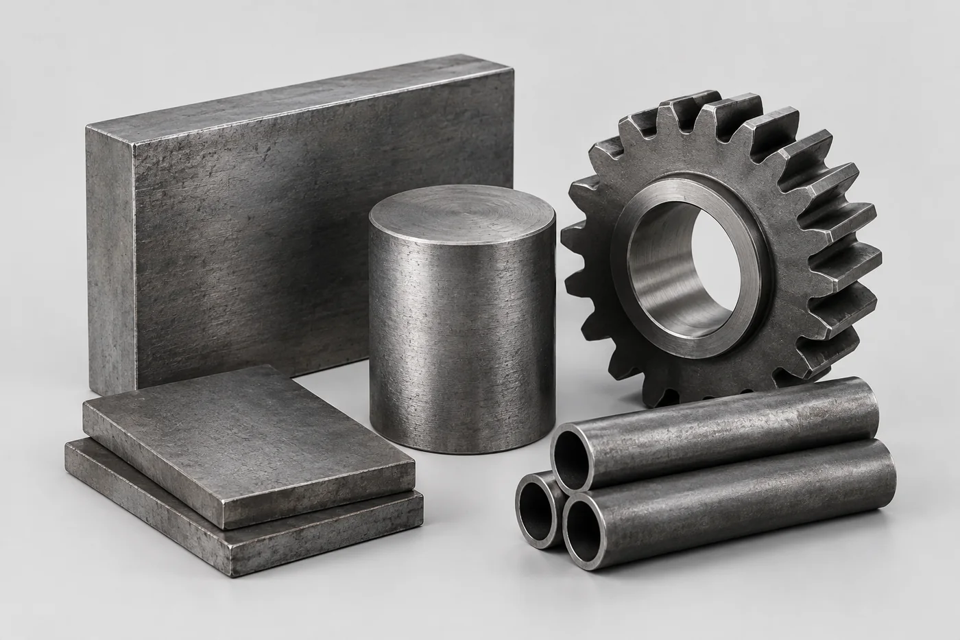 Carbon steel block, round bar, plates, spur gear and tubes