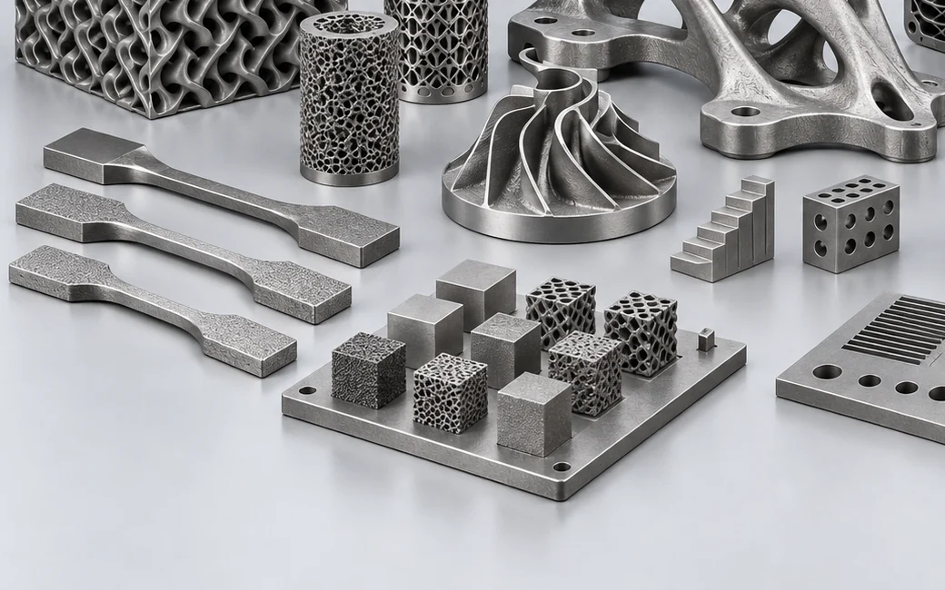 Metal 3D printed tensile bars, test cubes and parameter test plates used in alloy development