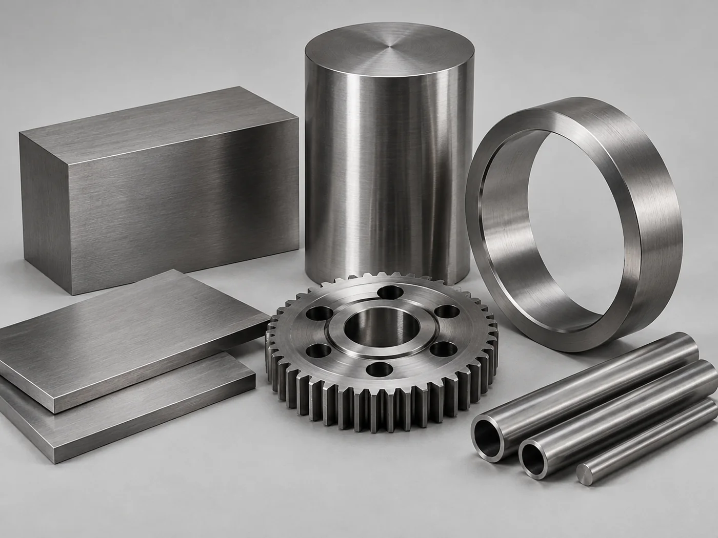 Precision-machined maraging steel block, bar, ring, gear, plates and tubes