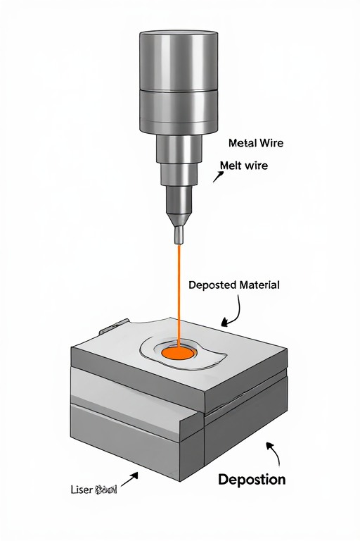 Diagram of wire-fed directed energy deposition: metal wire is fed through the deposition head into a laser melt pool and deposited layer by layer